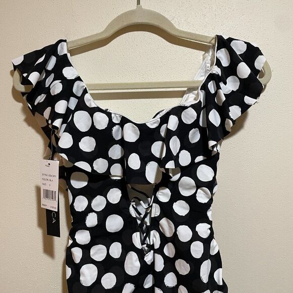 NEW La Blanca Size 6 Mod For Dot Polka Dot Ruffle One Piece Swimsuit Black White - Picture 12 of 15